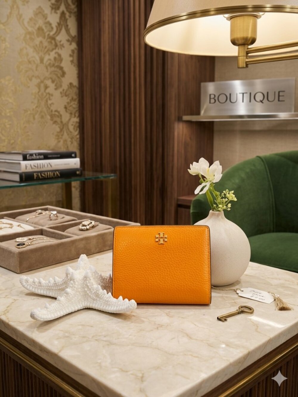 Tory Burch Bright Orange Pebbled Leather Wallet with Gold Logo